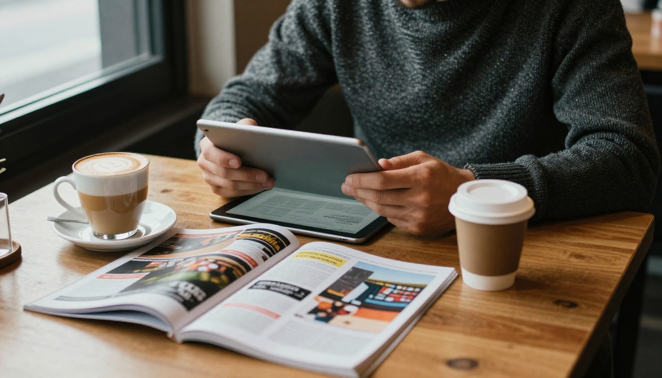 Man in a cafe reading a digital magazine on a tablet beside the printed copy