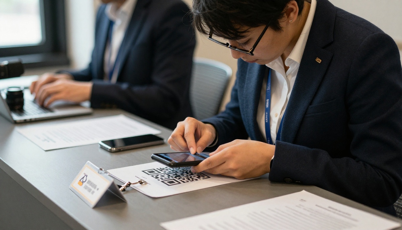Organizer scanning an attendee's phone QR code at a registration desk Organizer scanning an attendee's phone QR code at a registration desk