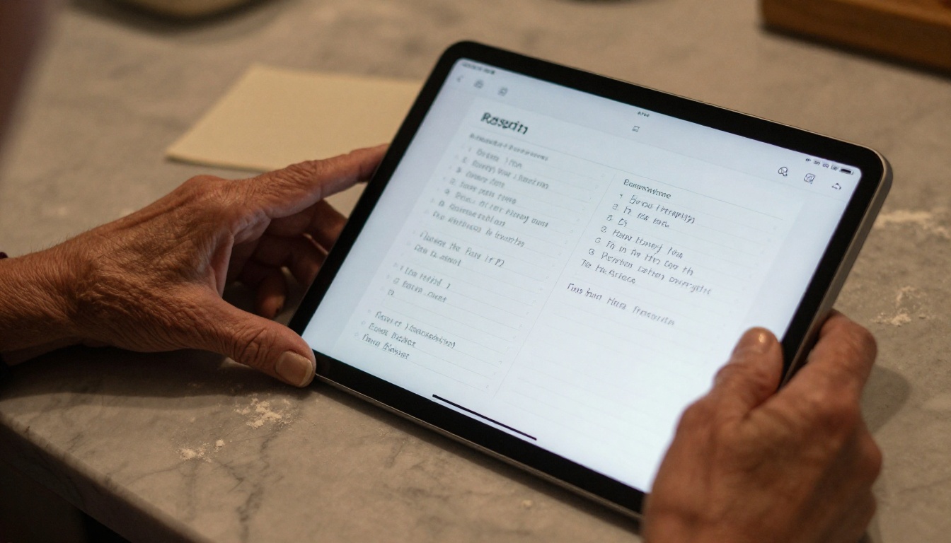 Close-up of a grandmother's hands holding a handwritten recipe card next to a tablet showing the same recipe