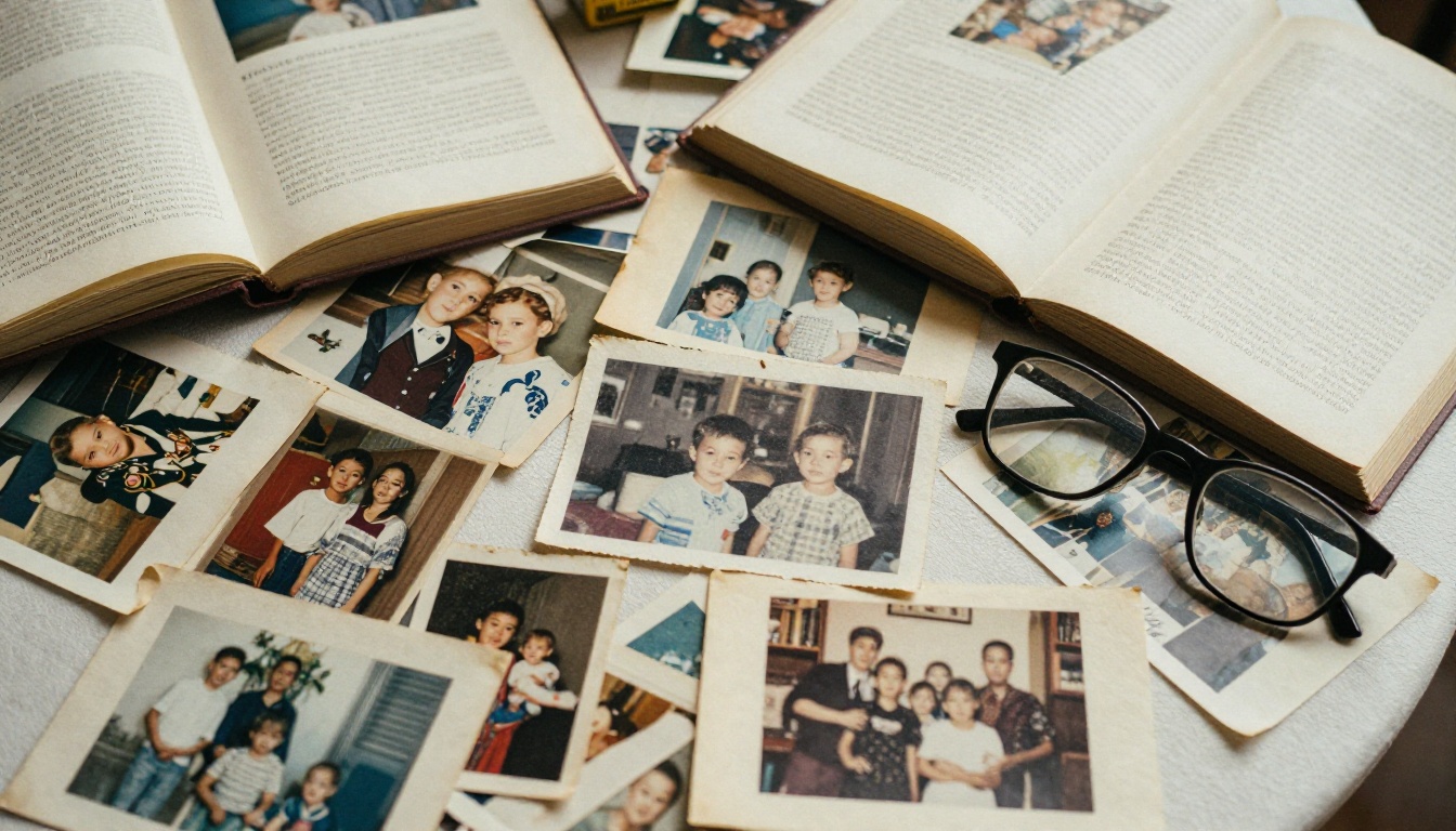 A table covered with printed family photographs and letters seen from above