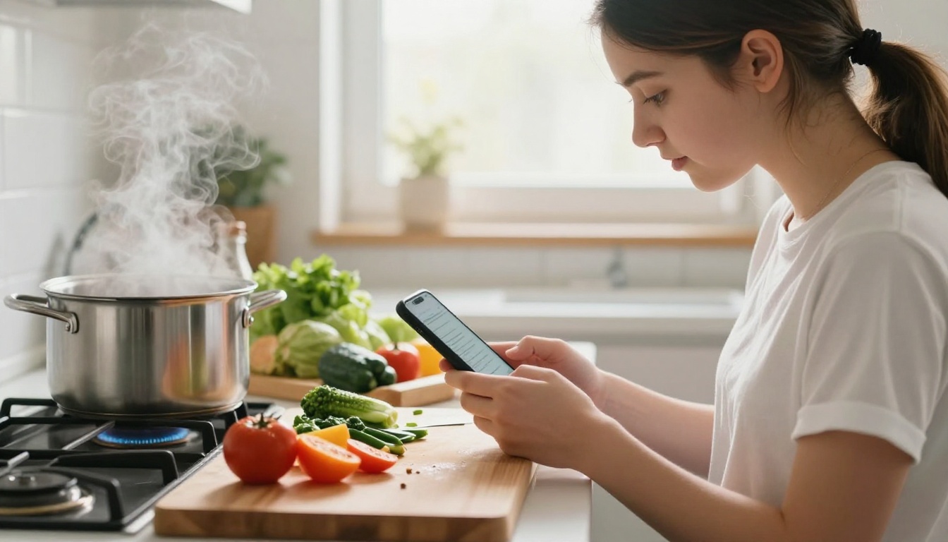 Low-angle shot of a teenage girl reading a recipe on her phone while chopping vegetables