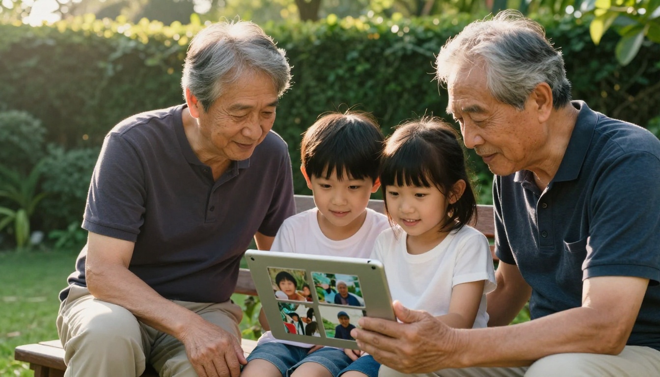 Three generations of a family sharing memories on a tablet in a garden