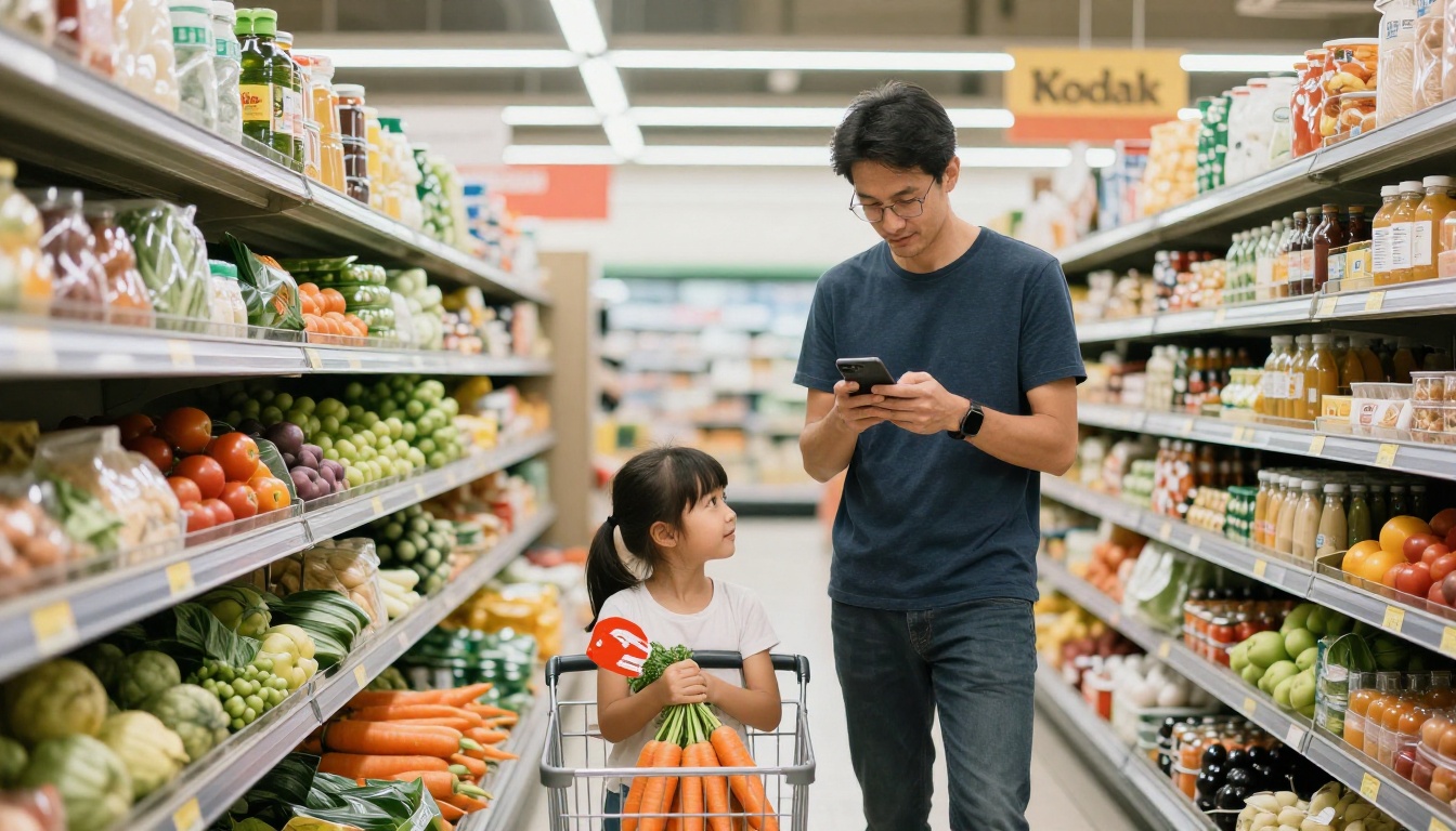 Wide shot of a family shopping at a bright market, father holding a phone with a shopping list