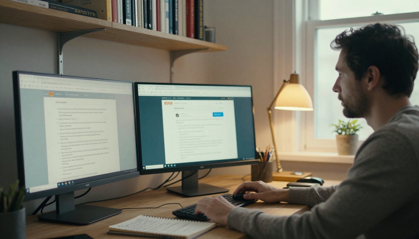A man comparing two memorial websites on a desktop monitor