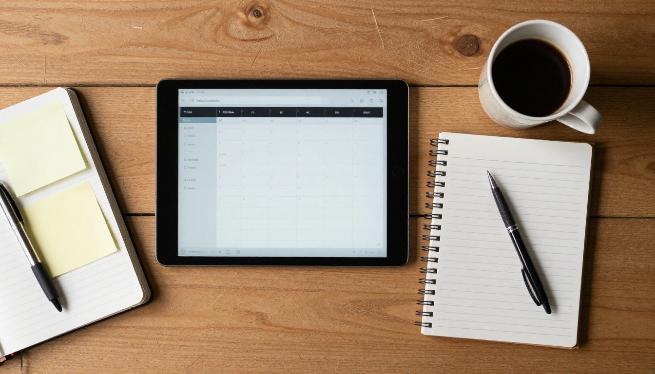 Flat lay of a tablet with a schedule, coffee, notebook and lanyard on a wooden table Flat lay of a tablet with a schedule, coffee, notebook and lanyard on a wooden table
