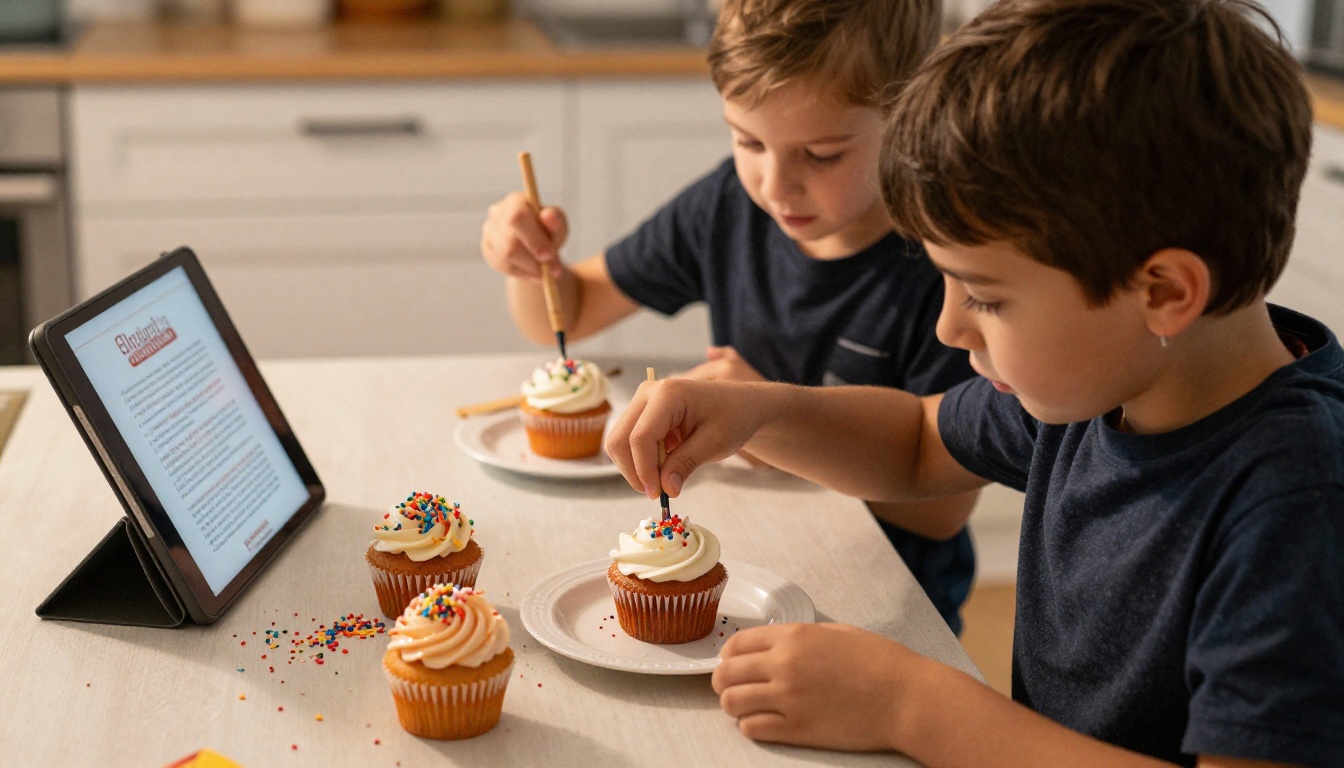 Dutch-angle close-up of two kids decorating cupcakes with a tablet showing a recipe nearby