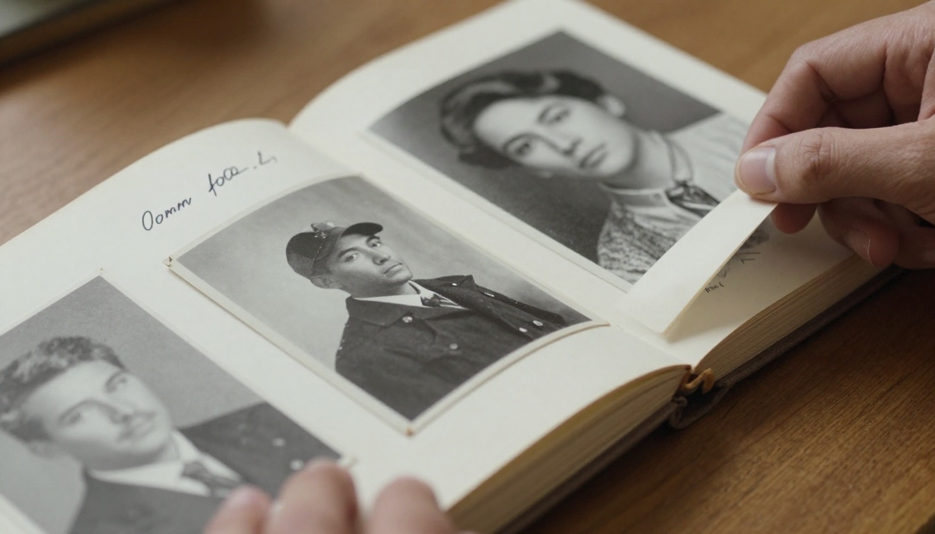 A hand turning a page in an open vintage photo album