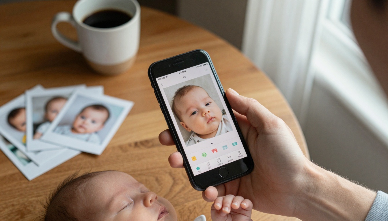 Father holding a phone with a baby photo timeline app