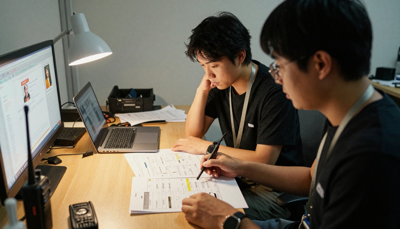 Event organizers reviewing a printed schedule and laptop in a backstage office Event organizers reviewing a printed schedule and laptop in a backstage office