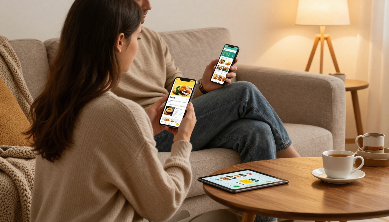 Side view of a couple on a sofa comparing recipe apps on a phone and a tablet with mugs of tea
