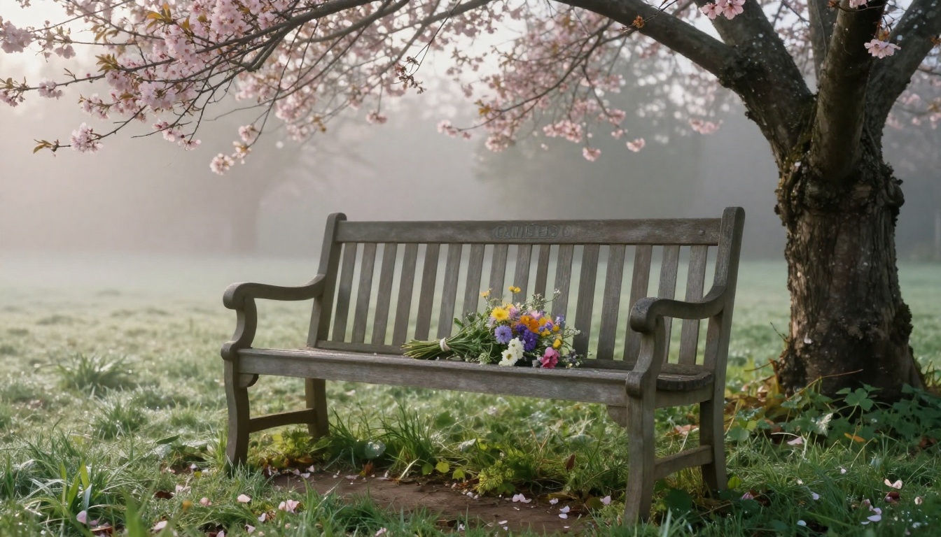 A garden memorial bench beneath a blossoming tree