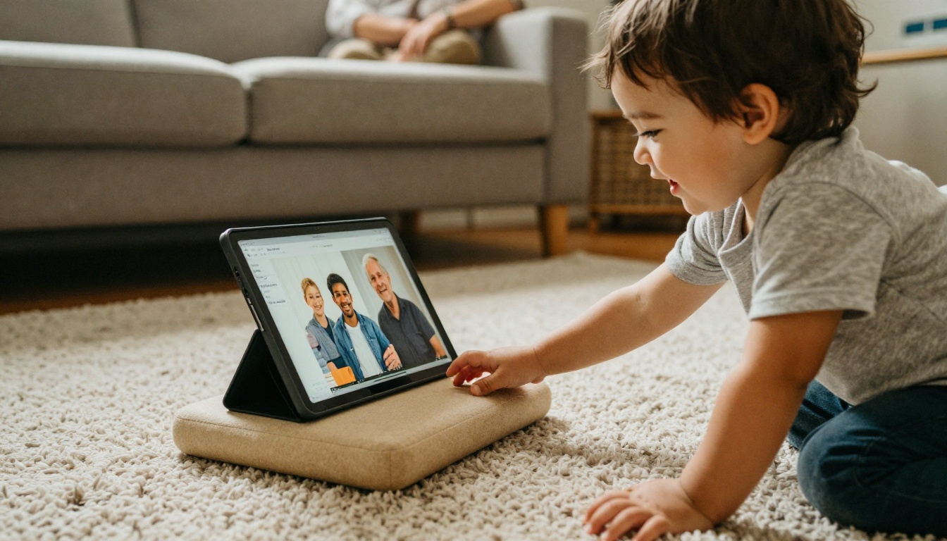 Grandparents silhouettes behind a toddler reaching for a family photo gallery on a tablet