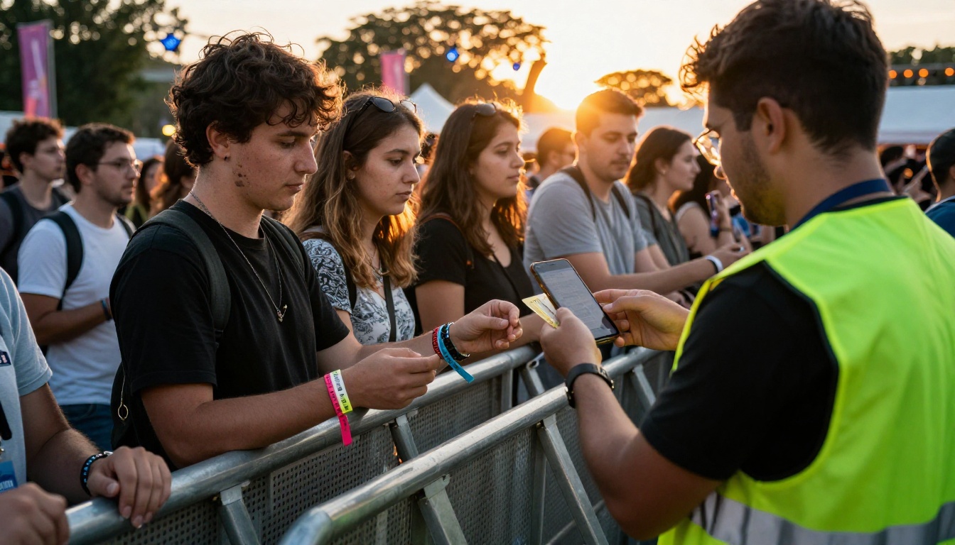 Festival attendees showing phone tickets at an entrance gate at sunset Festival attendees showing phone tickets at an entrance gate at sunset