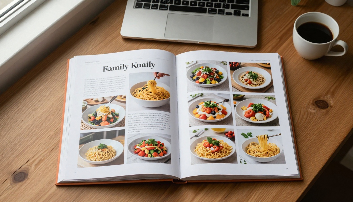 Top-down flat lay of a printed family cookbook open beside a laptop, pasta and herbs