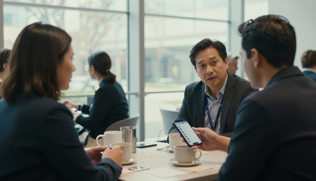 Professionals chatting at a conference coffee break while one shows a phone screen Professionals chatting at a conference coffee break while one shows a phone screen
