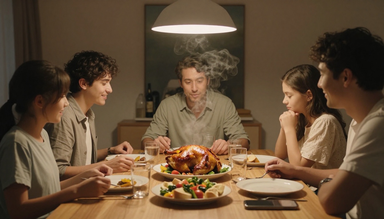 Medium shot of a family of four sharing dinner at a table with roast chicken and vegetables