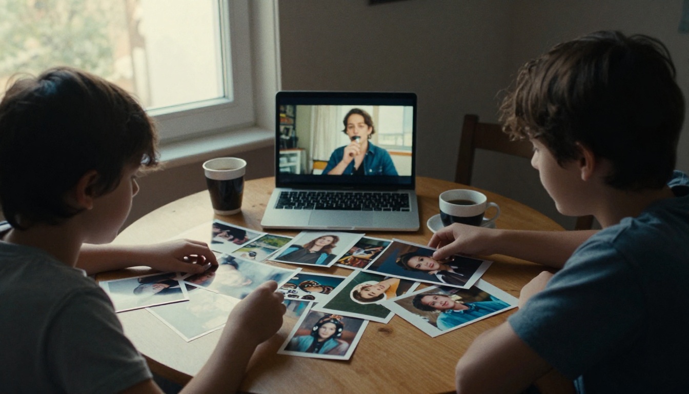 Two siblings sorting printed photographs beside a laptop slideshow