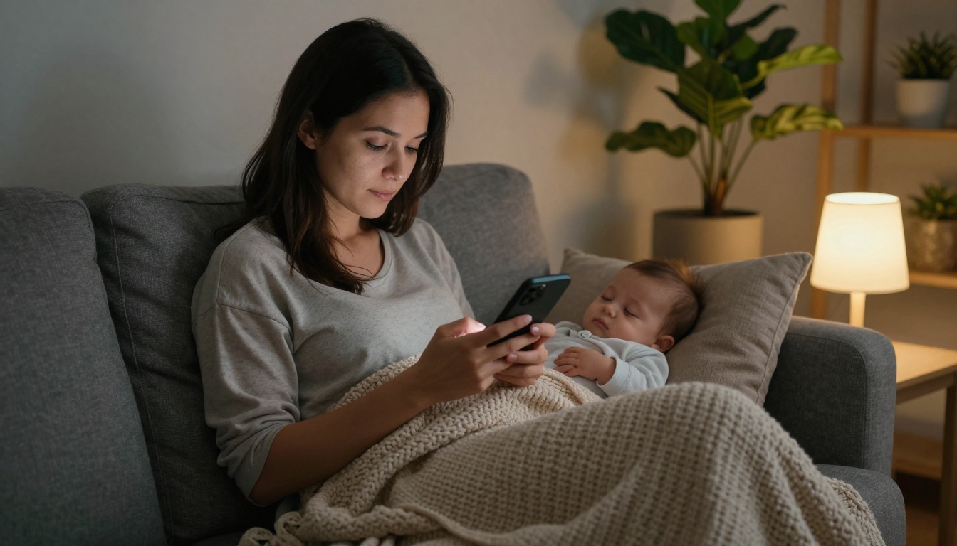 Mother on a sofa typing on her phone while her baby sleeps on her chest
