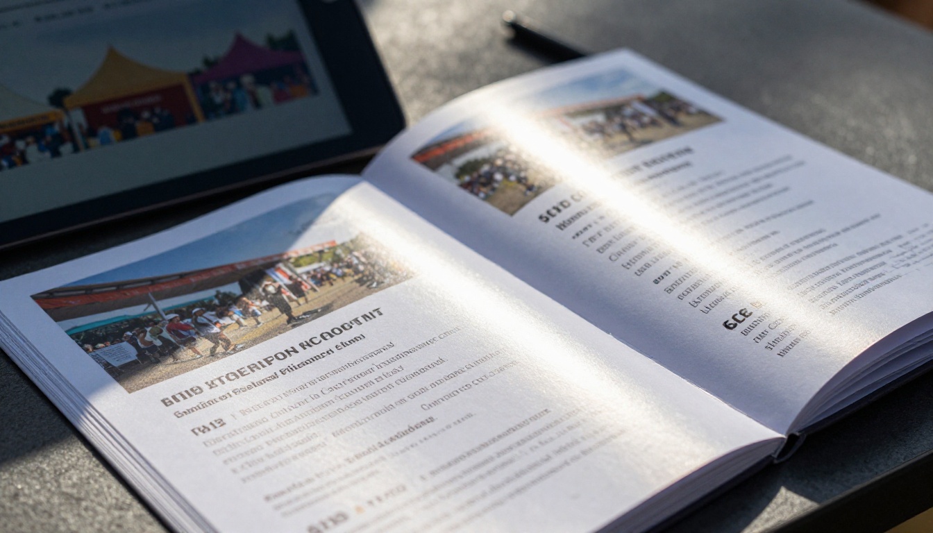 Close-up of a printed program booklet beside a tablet showing the same pages Close-up of a printed program booklet beside a tablet showing the same pages