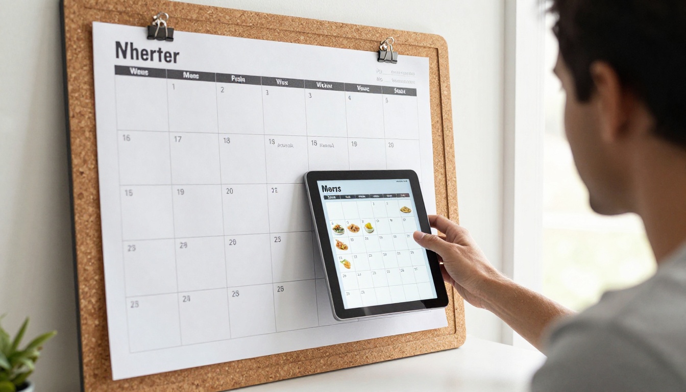 Over-the-shoulder shot of a father scrolling a weekly meal plan on a tablet in a kitchen