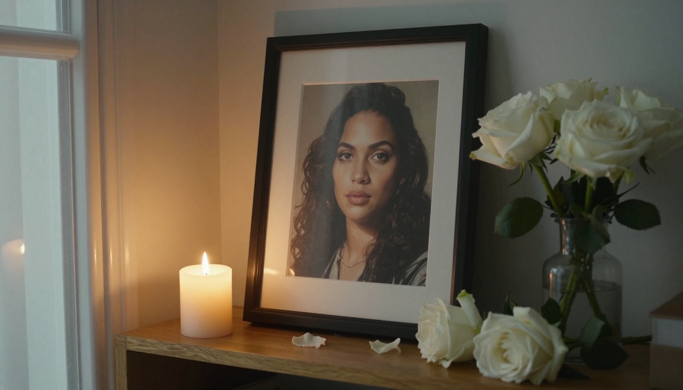 A single candle beside a framed portrait and white roses