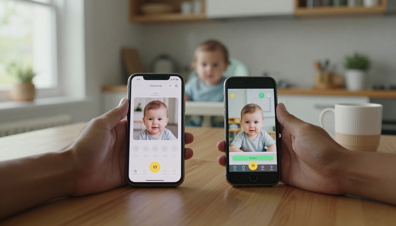 Couple at a kitchen table comparing two phones showing different baby photo apps