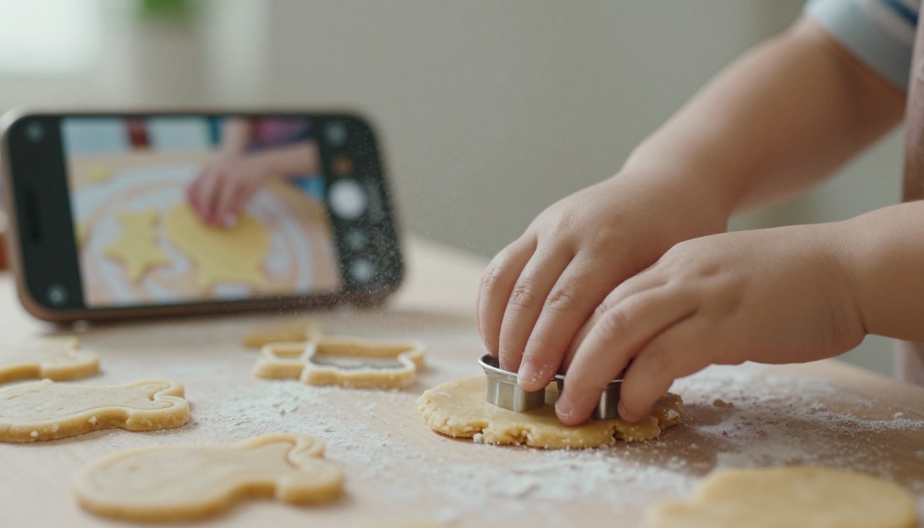 Extreme close-up of a toddler's hands pressing cookie dough with a cutter, a phone with a recipe blurred behind