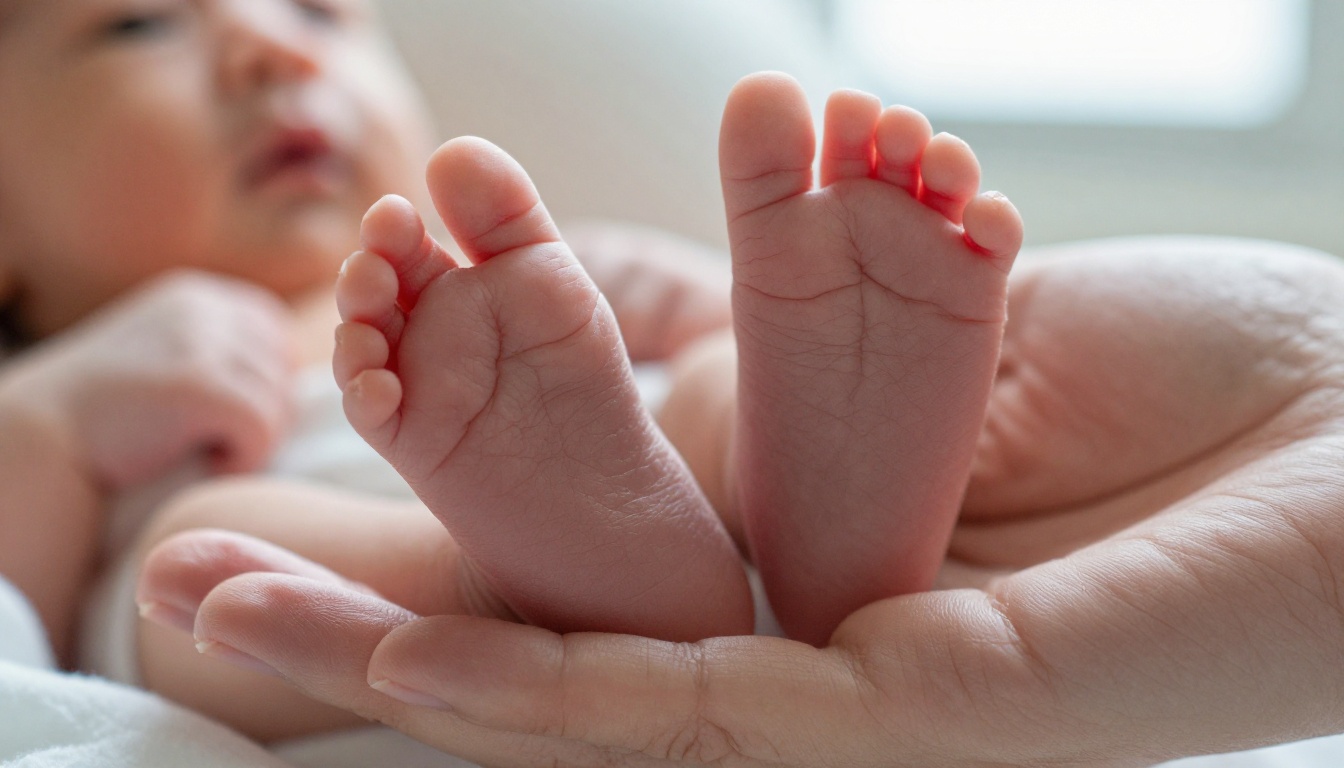 Newborn feet held in a mother's hands next to a phone camera