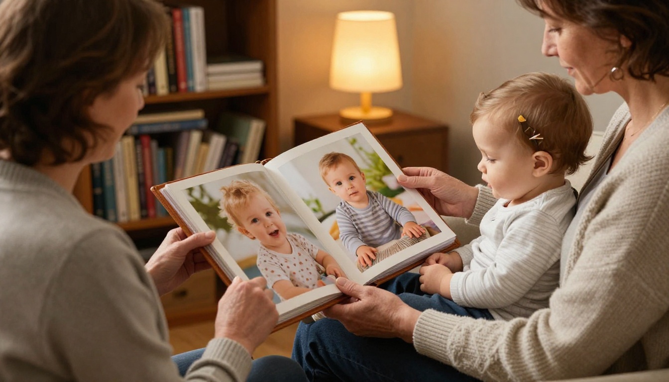 Grandmother flipping through a printed photo album with a toddler on her lap