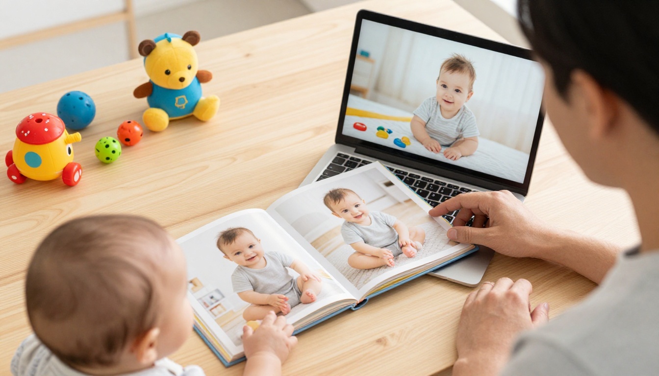 Parent at a laptop uploading baby photos with a tablet showing a page-turning photo book