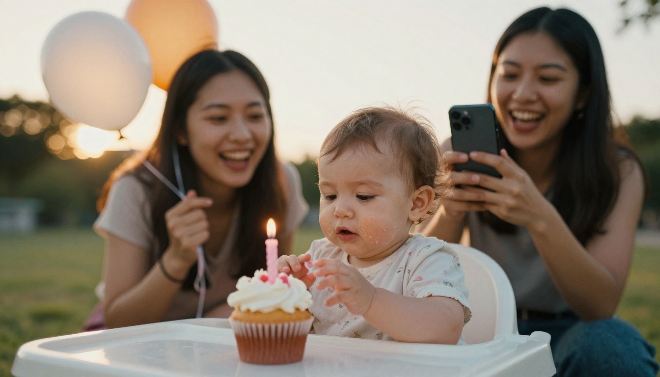 Toddler with a birthday cupcake while parents record on a phone