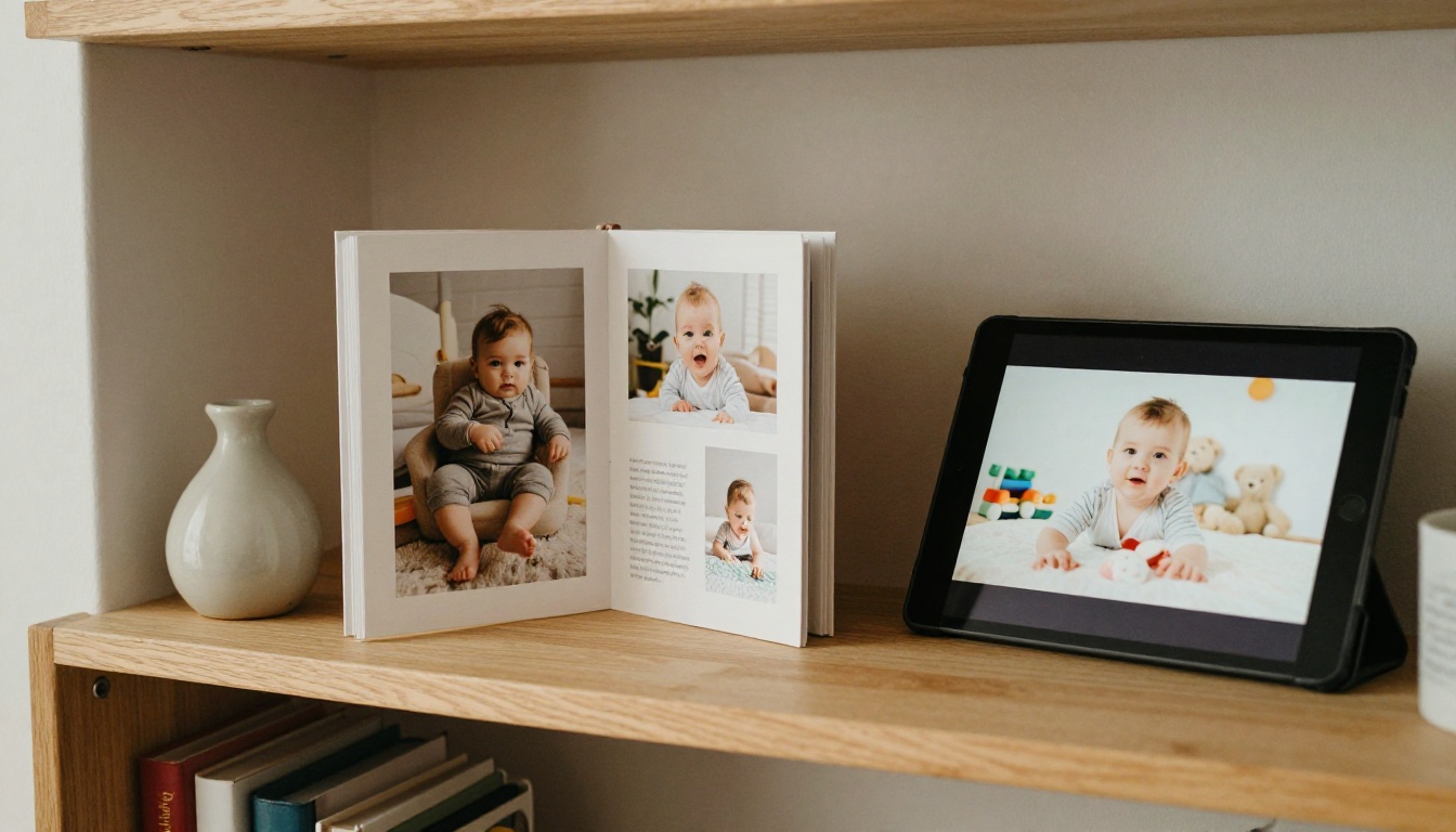 Finished baby photo book beside a tablet showing a digital flipbook on a shelf