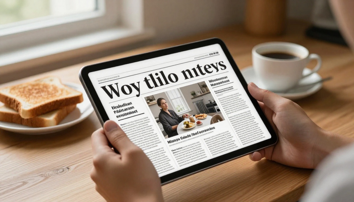 Reader holding a tablet showing a digital newspaper at breakfast Reader holding a tablet showing a digital newspaper at breakfast