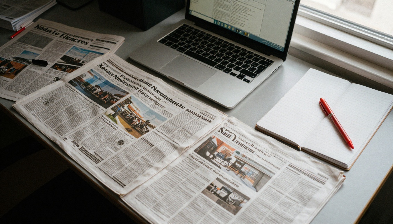 Overhead view of newspaper pages and a laptop on a newsroom table Overhead view of newspaper pages and a laptop on a newsroom table