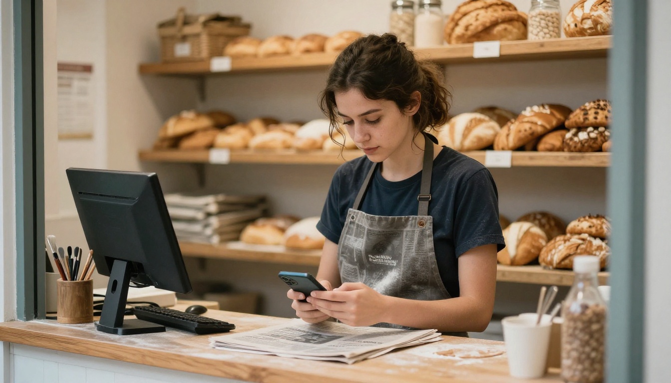 Local bakery owner reading a newspaper edition on a smartphone Local bakery owner reading a newspaper edition on a smartphone