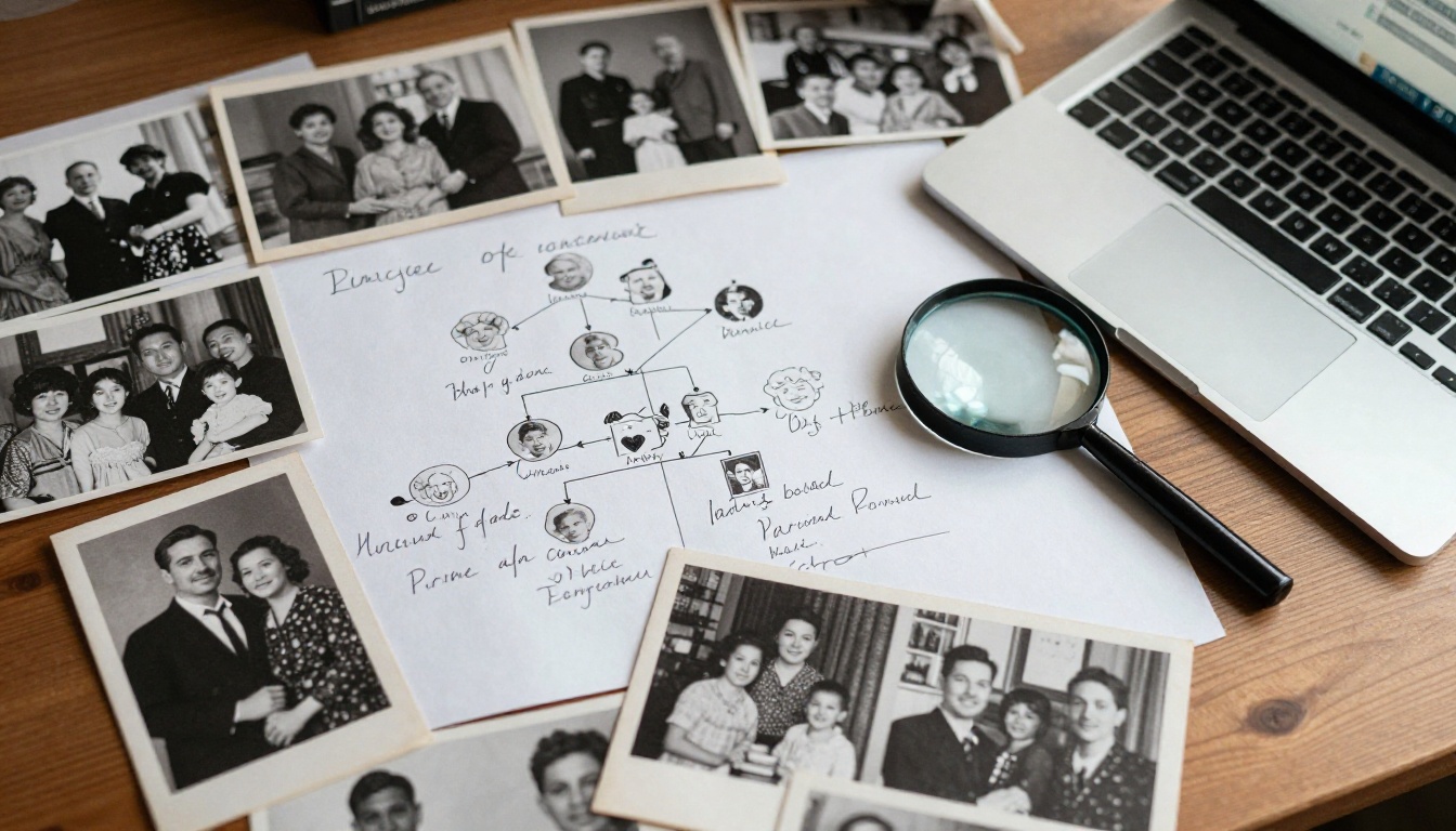 Overhead view of a desk covered with old family photographs and a laptop