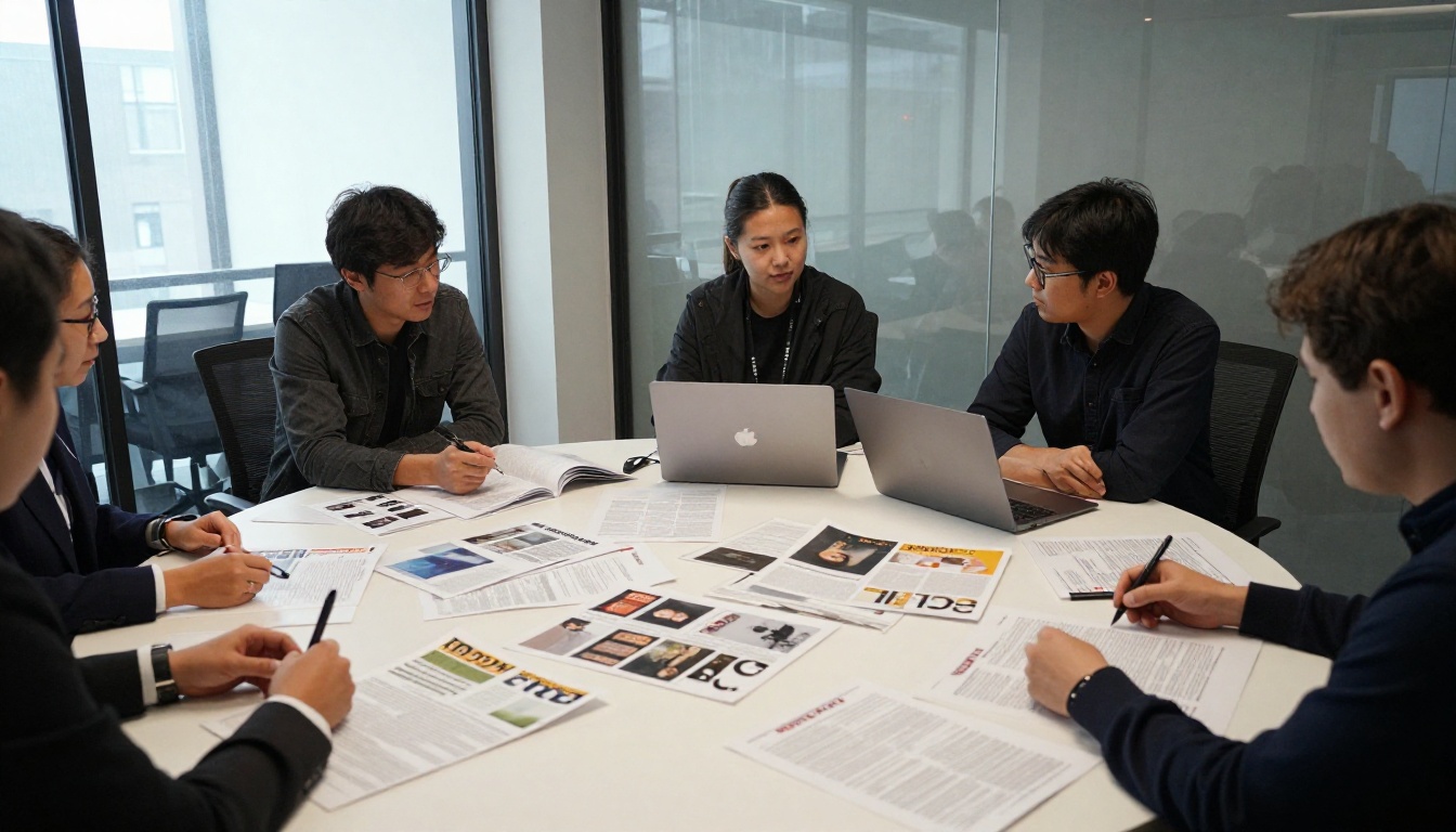 Publisher and designer comparing printed pages and a laptop at a meeting table Publisher and designer comparing printed pages and a laptop at a meeting table