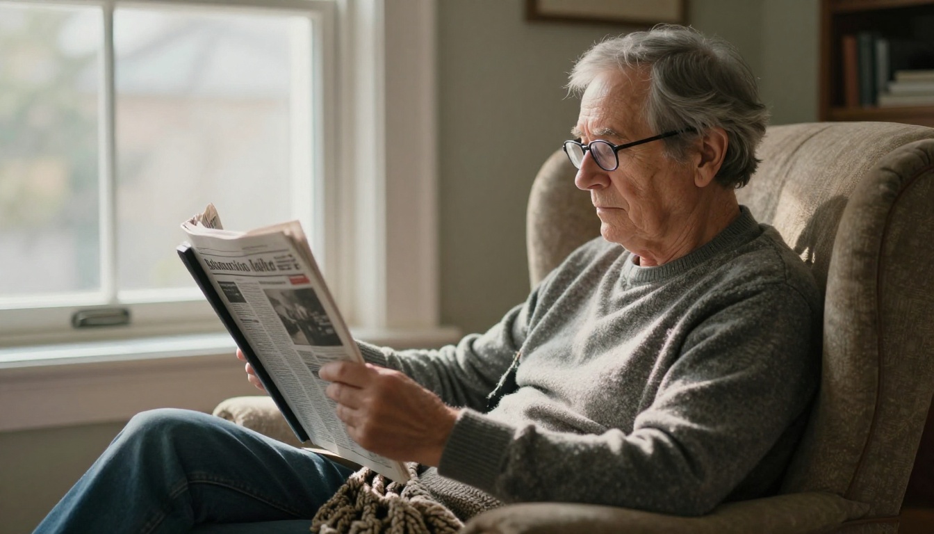 Senior subscriber reading a newspaper edition on a tablet in an armchair Senior subscriber reading a newspaper edition on a tablet in an armchair