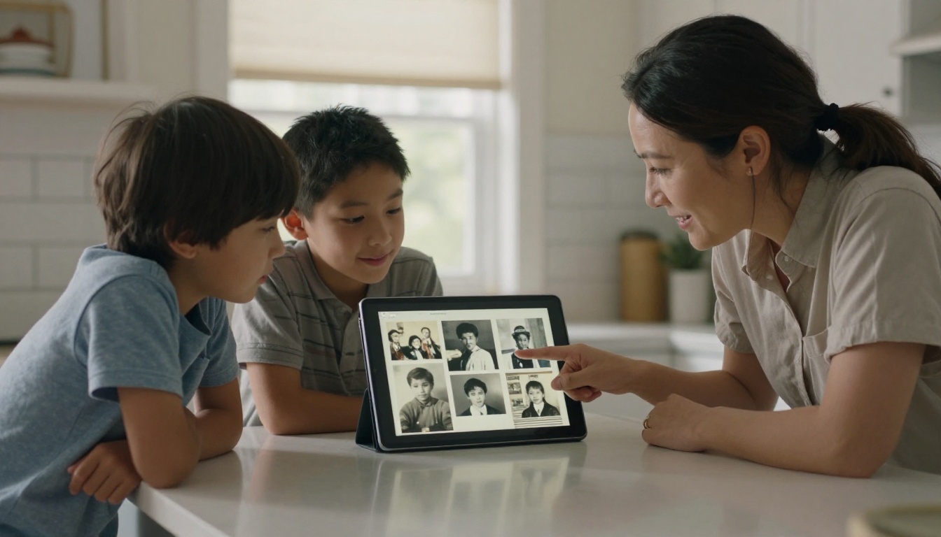 Family of three generations gathered around a tablet in a kitchen