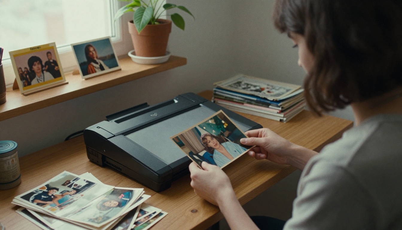 Woman scanning an old photograph at a home office desk