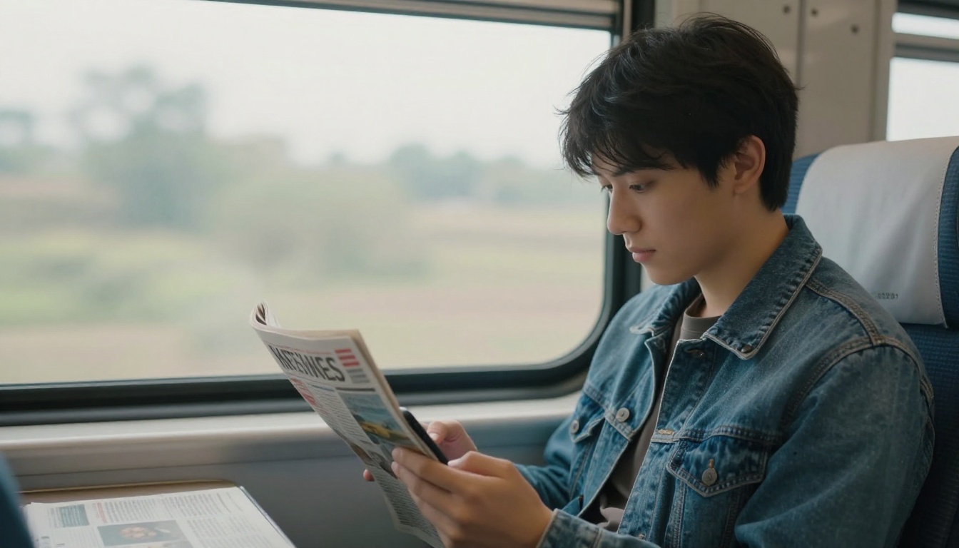 Young commuter reading a news edition on a phone on a train Young commuter reading a news edition on a phone on a train