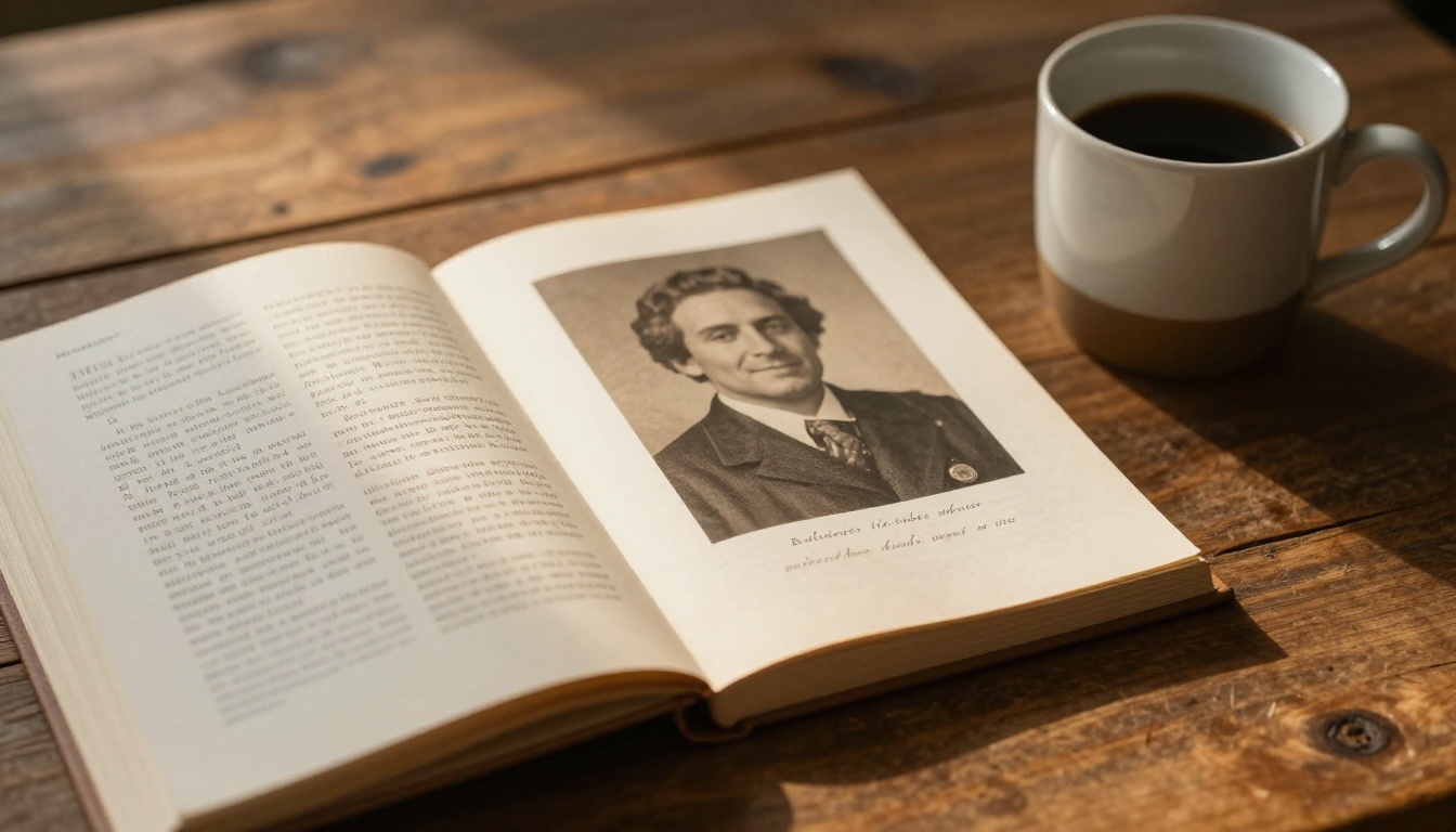 Side view of an open printed family history book beside a mug