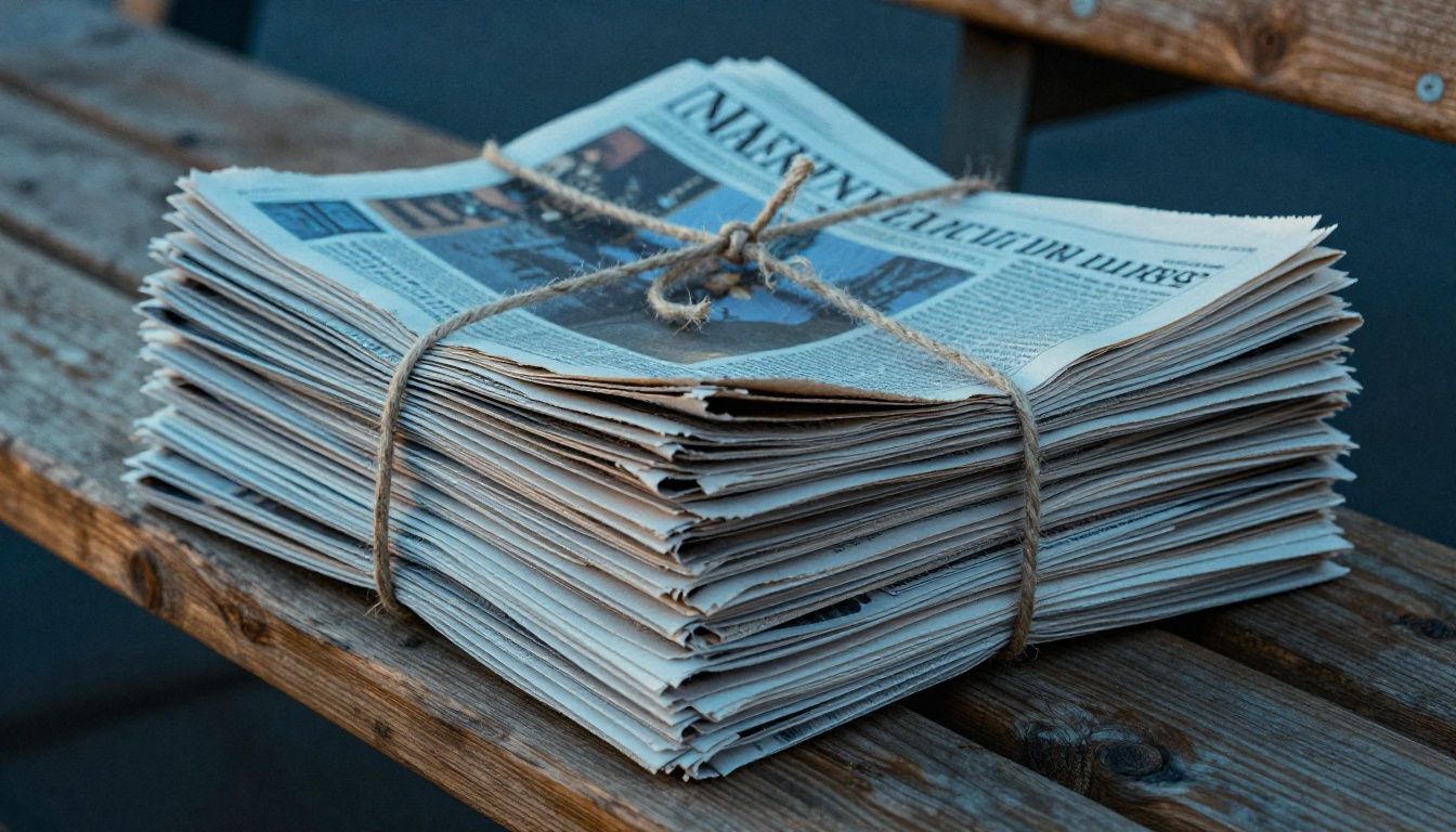 Bundles of printed local newspapers tied with twine on a loading dock Bundles of printed local newspapers tied with twine on a loading dock