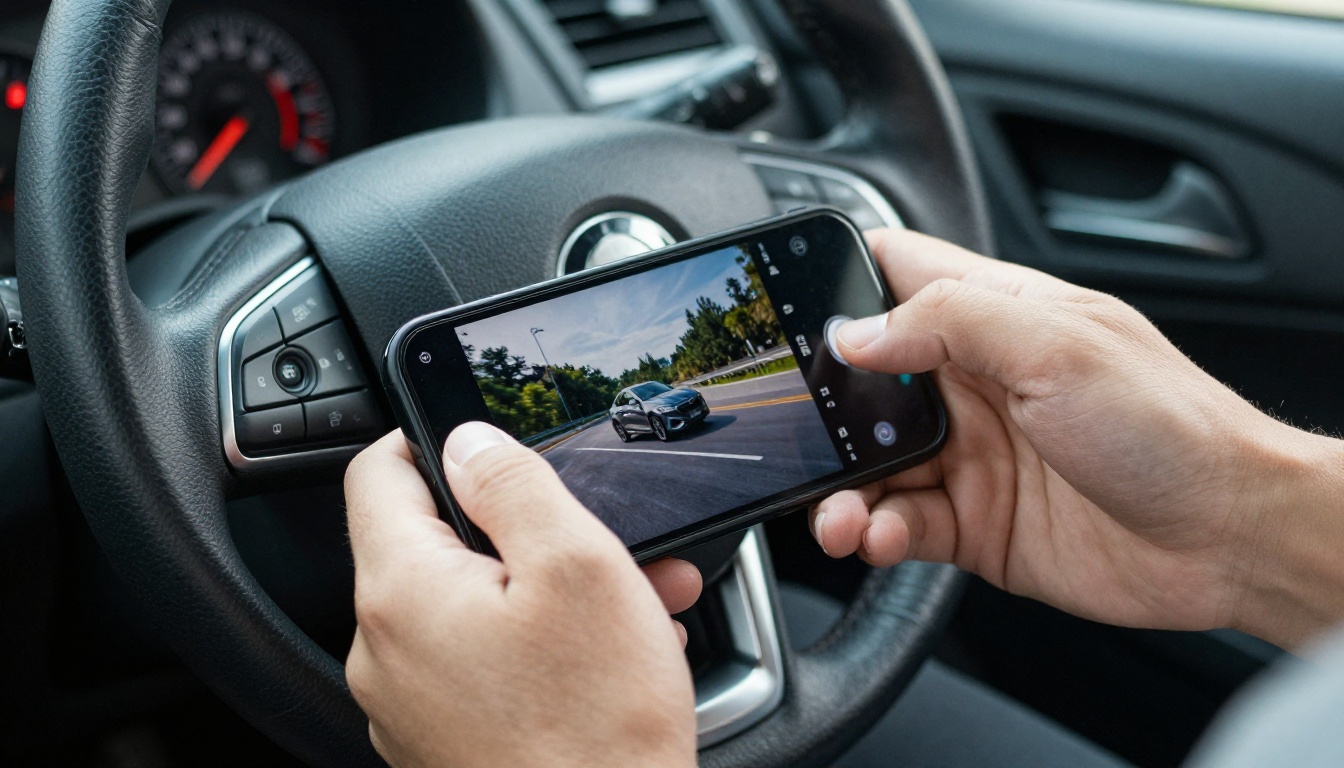 Customer reading a car brochure on a smartphone in a parked sedan