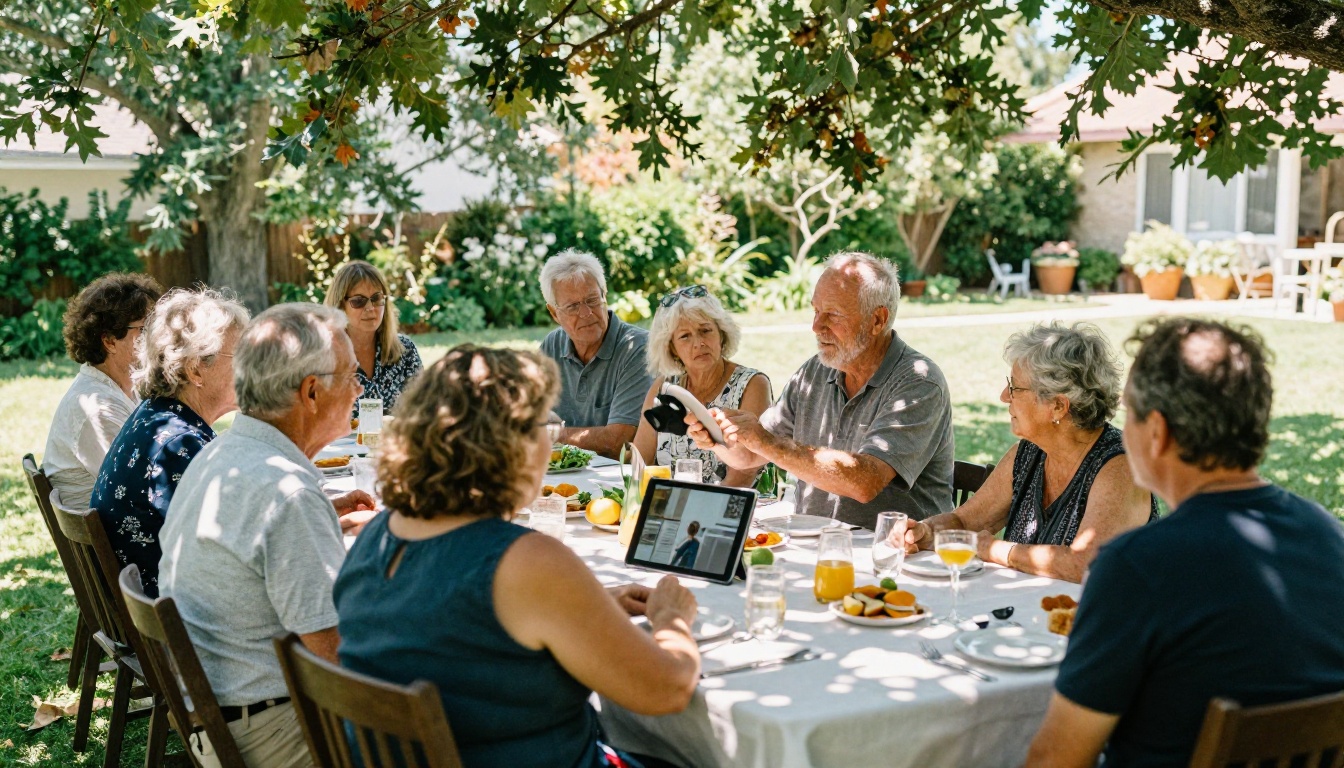 Family reunion in a garden with an elder showing a tablet
