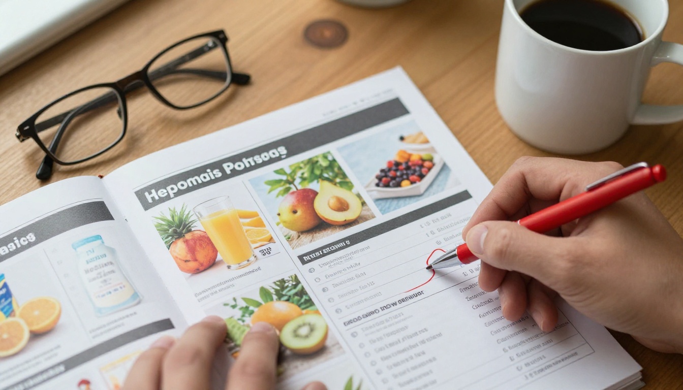 A printed weekly grocery circular on a wooden table with a hand circling deals
