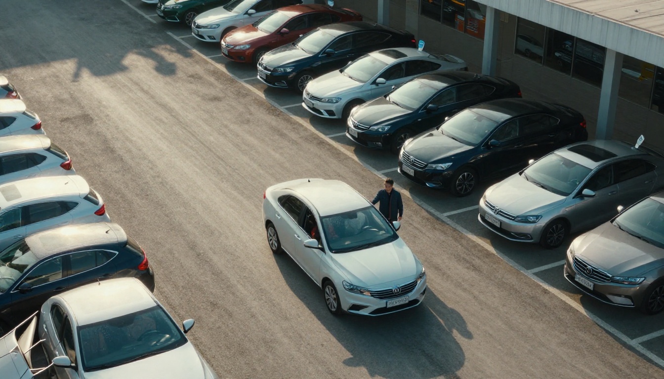 Aerial view of a dealership lot with a test drive car leaving in the morning