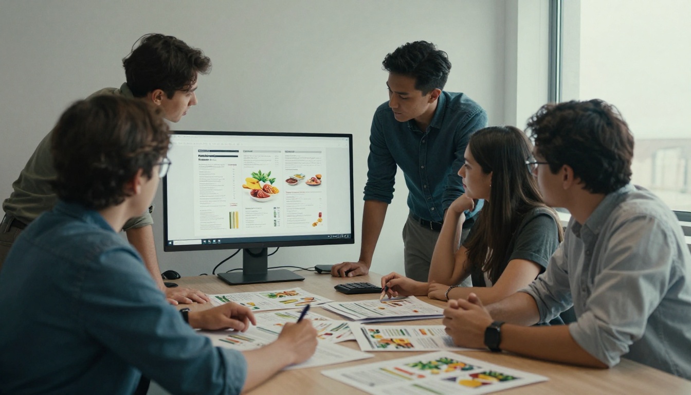 A marketing team reviewing grocery leaflet page layouts on a large monitor