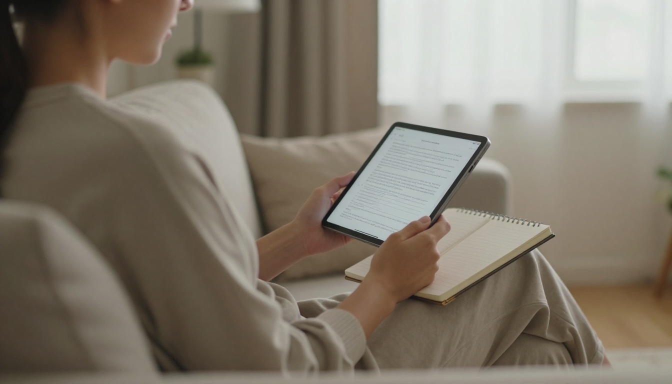 Client reading a coaching workbook on a tablet from her sofa Client reading a coaching workbook on a tablet from her sofa