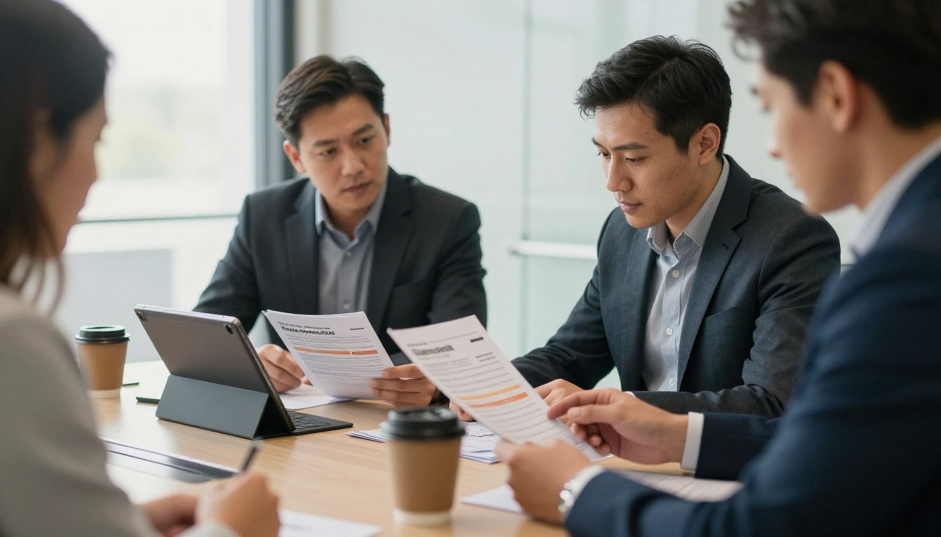 Sales manager and salesperson comparing printed brochures with a tablet